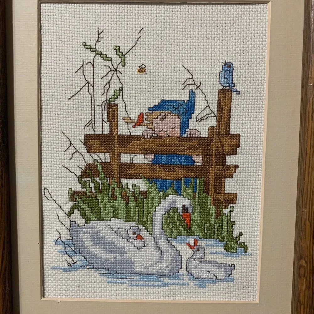 Needlepoint Art Framed Girl Swans Blue Brown Cottagecore Vintage